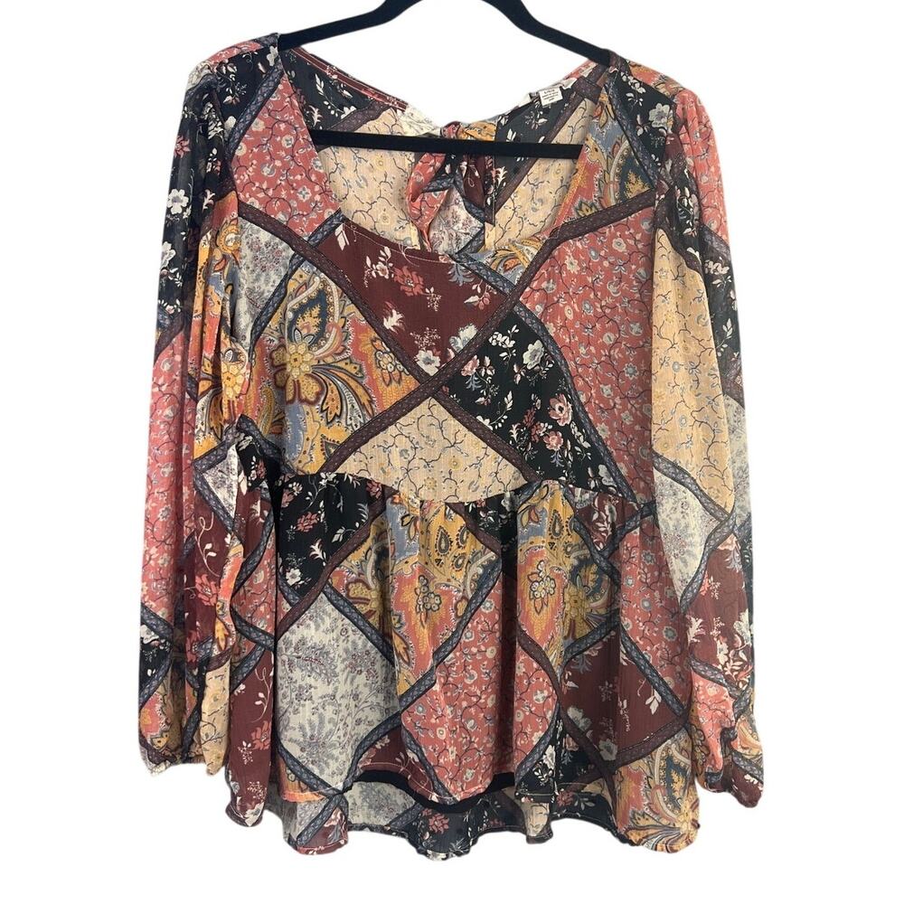 American Eagle Patchwork Floral Paisley Tie Back Blouse Size L